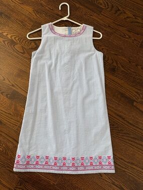 Vineyard Vines Light Blue Seersucker Dress with Pink Trim